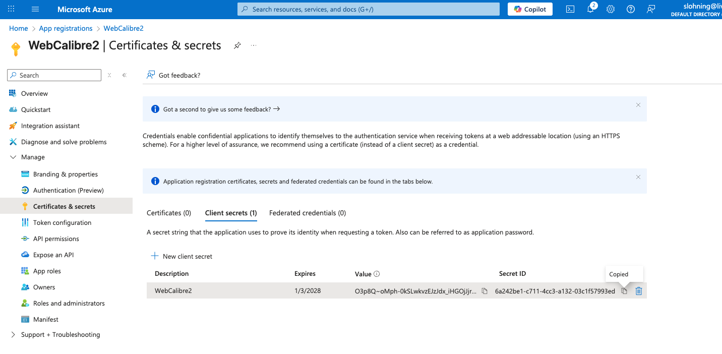 WebCalibre2 | Certificates & secrets